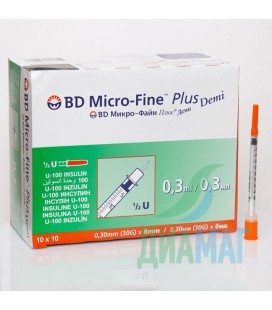 Шприцы BD Micro-Fine Plus Demi, 10 шт.(U-100 / 0.3 мл.),(в упаковке)